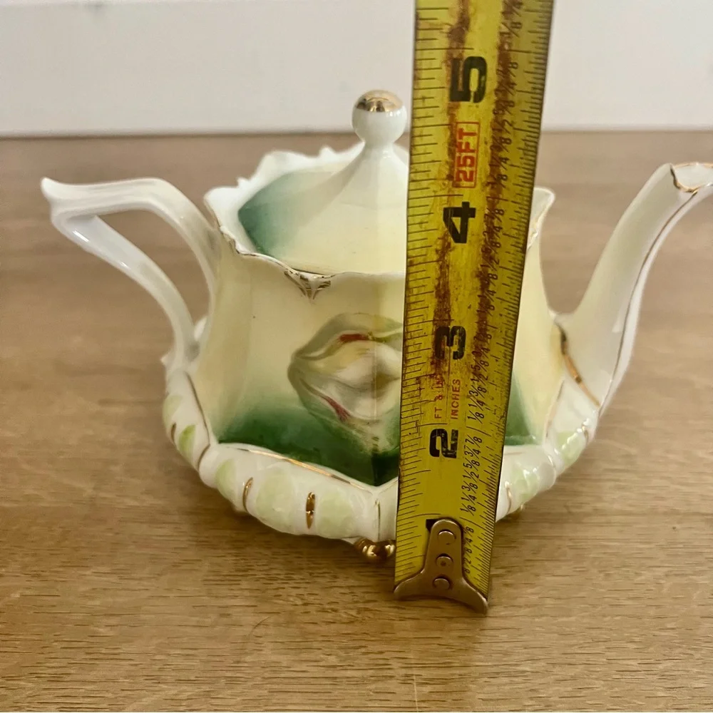 Antique RS Prussia Teapot Floral Rose Porcelain Green Wreath Mark c. 1870-1918‎